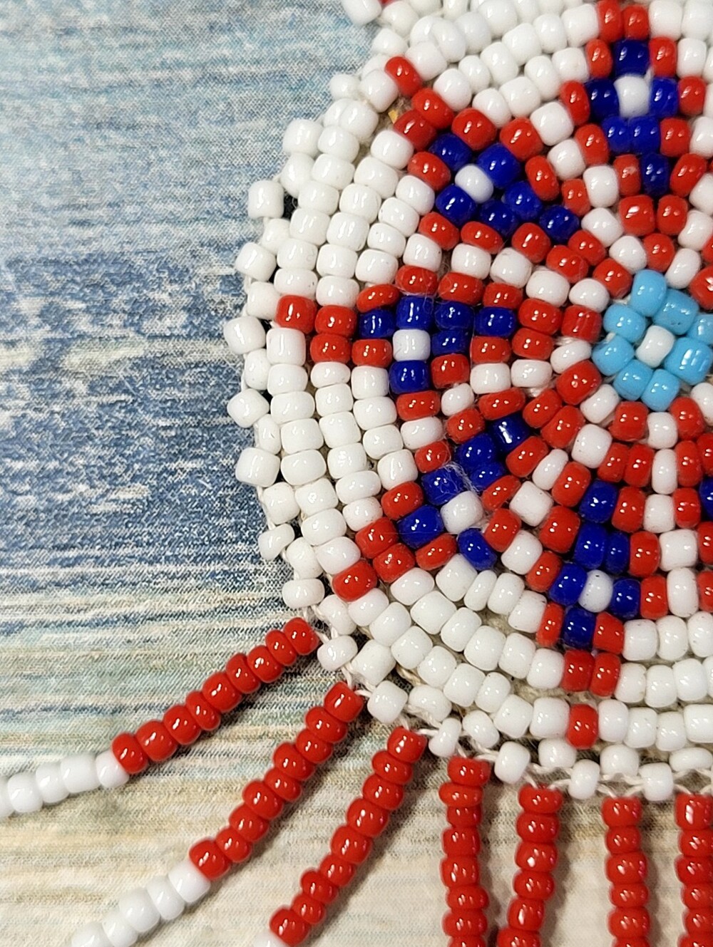 White, Red & Blue Seed Beaded Fringe Necklace - Picture 5 of 8